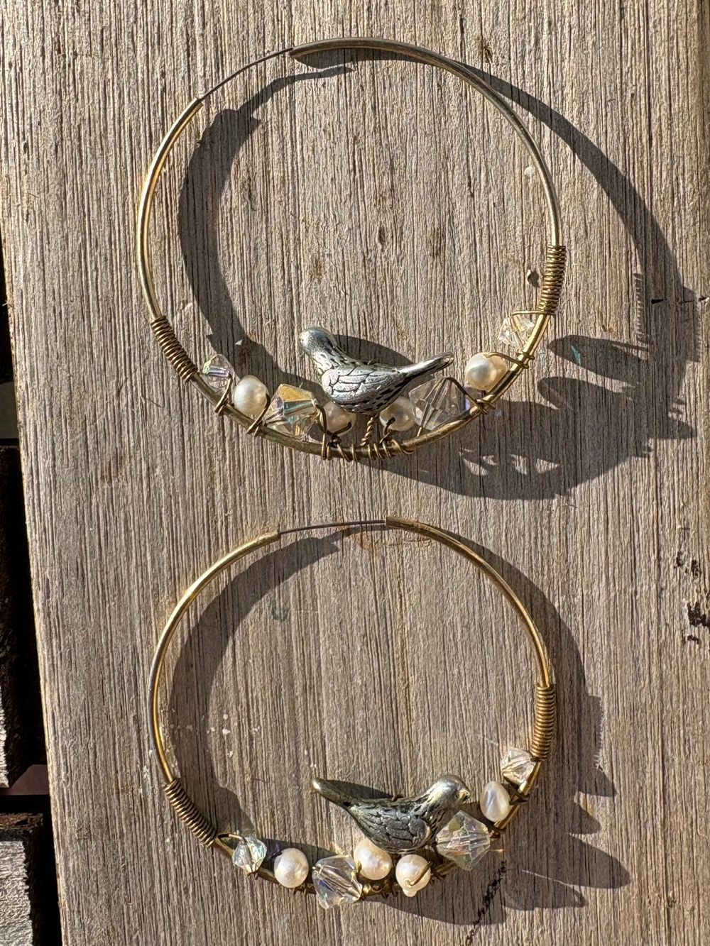 Delicate Gold Tone Hoop Earrings with Silver Tone Bird and Pearl Accents Boho